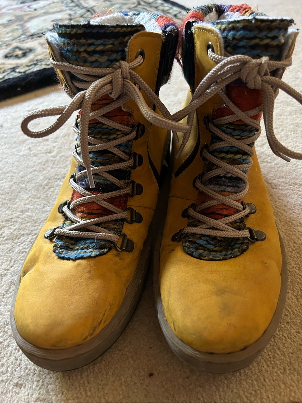 Rieker  Mustard tone-Shearling Lace-Up ankle Boots multi color fabric trim